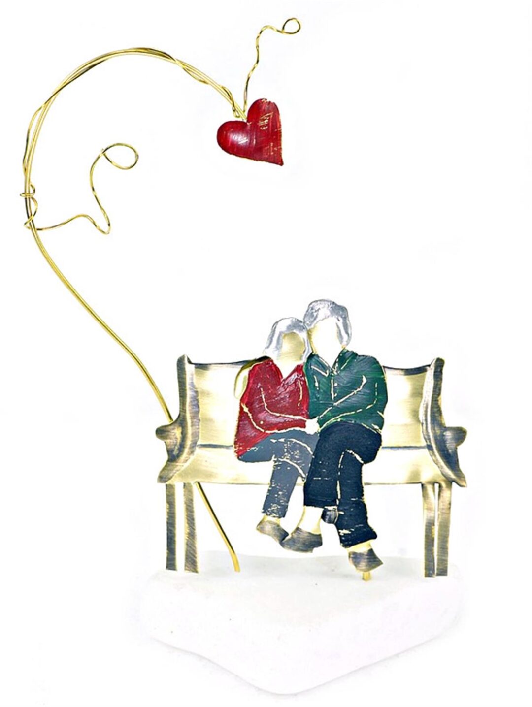 Χειροποίητο διακοσμητικό επιτραπέζιο Ζευγάρι ηλικιωμένων σε παγκάκι με καρδιά ορειχάλκινο 11x15cm