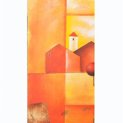 Πίνακας χειροποίητος σε καμβά πορτοκαλί σπιτάκια 40x80cm
