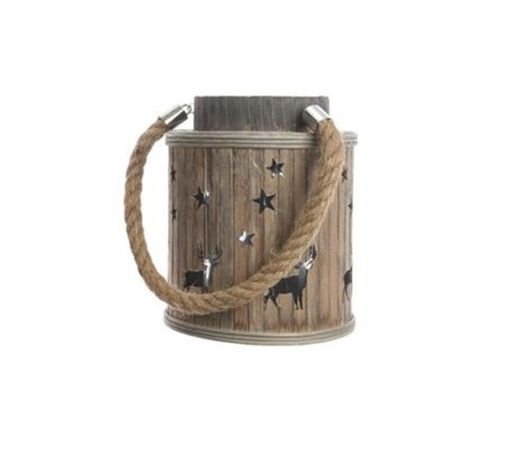 Φανάρι αστεράκι/ελαφάκι bamboo/γυαλί με λαβή από σχοινί ξεθωριασμένο γκρι/καφέ Δ16x19cm Kaemingk 550520-2