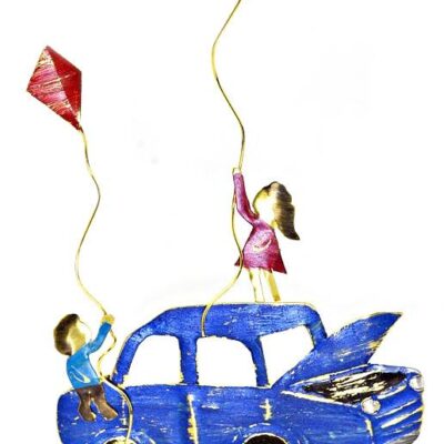 Χειροποίητο διακοσμητικό επιτραπέζιο Παιδάκια με αυτοκίνητο ορειχάλκινο 10Χ18cm