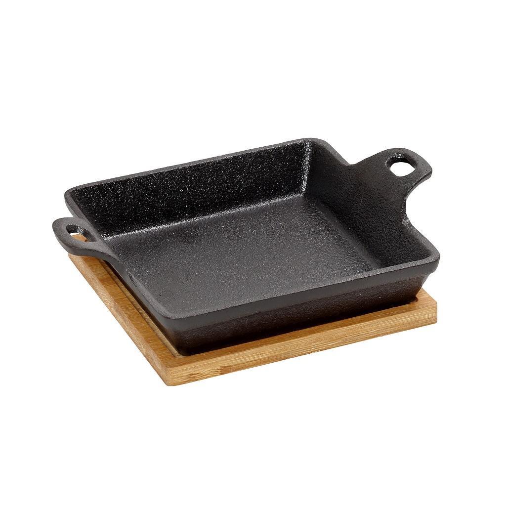 Σαγανάκι τετράγωνο cast-iron μαύρο με βάση bamboo 20x15x5.3cm Espiel SAG108
