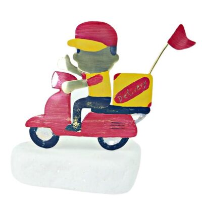 Χειροποίητο διακοσμητικό επιτραπέζιο άντρας delivery με scooter ορειχάλκινο πολύχρωμο 7x7cm