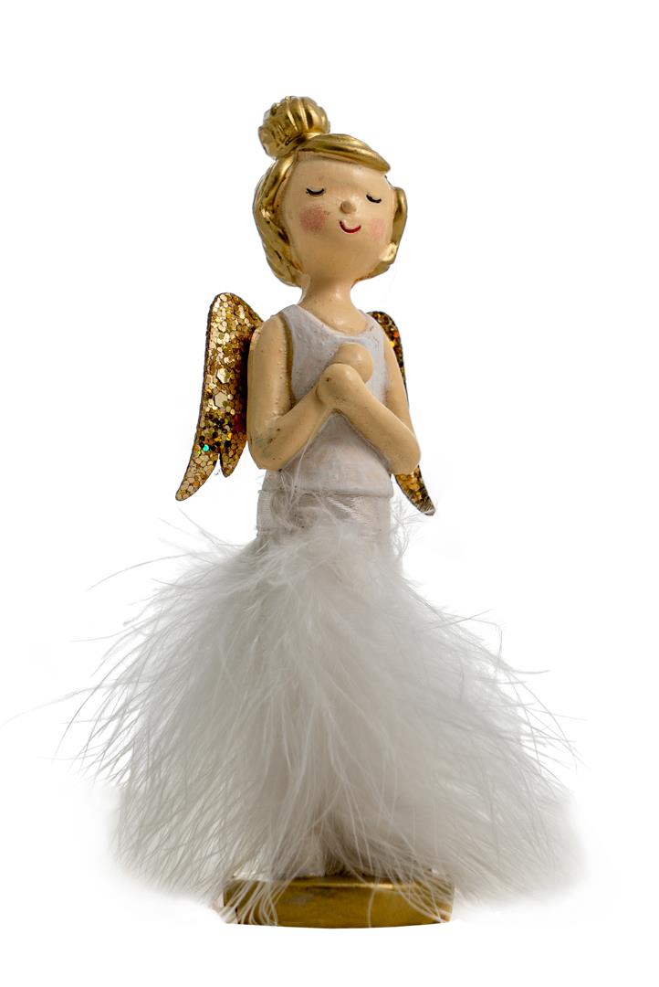 Αγγελάκι σε βάση με λευκό φόρεμα και χρυσές λεπτομέρειες 4x4x15cm