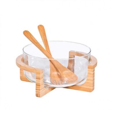 Σαλατιέρα στρογγυλή με κουτάλες σερβιρίσματος bamboo/γυάλινη natural/διάφανη 29x24x12cm Marva 604006