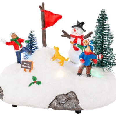 Διακοσμητικό επιτραπέζιο Led Παιδάκια με Χιονάνθρωπο polyresin πολύχρωμο 18x12.5x14.5cm