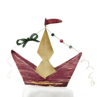 Χειροποίητο διακοσμητικό επιτραπέζιο γούρι καράβι ορειχάλκινο κόκκινο/πράσινο/χρυσό 13x14cm
