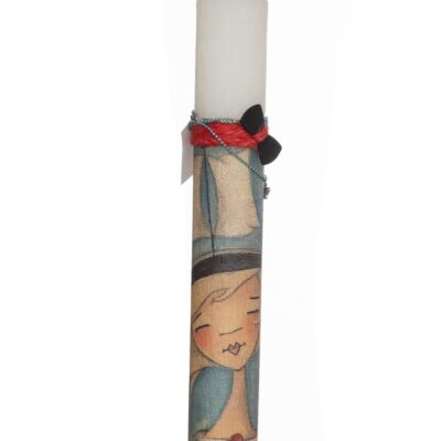 Λαμπάδα Κοπέλα χειροποίητη αρωματική λευκή στρόγγυλη με κολιέ πεταλούδα 25x3cm