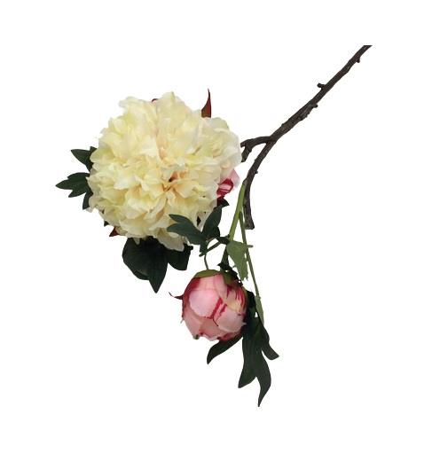 Διακοσμητικό λουλούδι πεόνια με τριανταφυλλάκι υφασμάτινο εκρού/ροζ 70cm