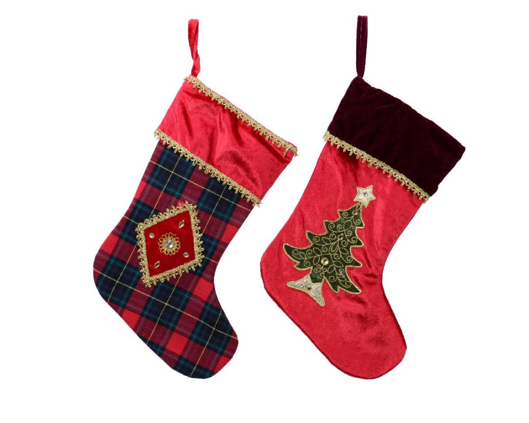 Κάλτσα χριστουγεννιάτικη καρώ polyester κόκκινη 44x28cm