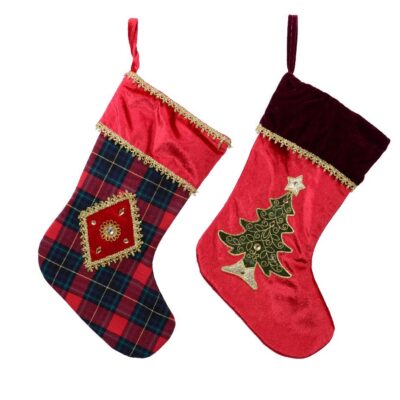 Κάλτσα χριστουγεννιάτικη καρώ polyester κόκκινη 44x28cm