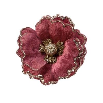 Λουλούδι διακοσμητικό με κλιπ polyester/βελούδινο με glitter ροζ Δ14x12cm