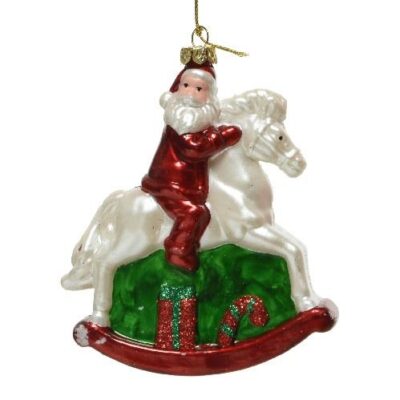 Στολίδι χριστουγεννιάτικο κρεμαστό Άγιος Βασίλης σε αλογάκι shatterproof metallic κόκκινο 10.8x4.5.6.5cm