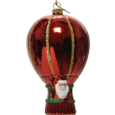 Στολίδι χριστουγεννιάτικο κρεμαστό Άγιος Βασίλης σε αερόστατο shatterproof metallic κόκκινο 10.8x4.5.6.5cm