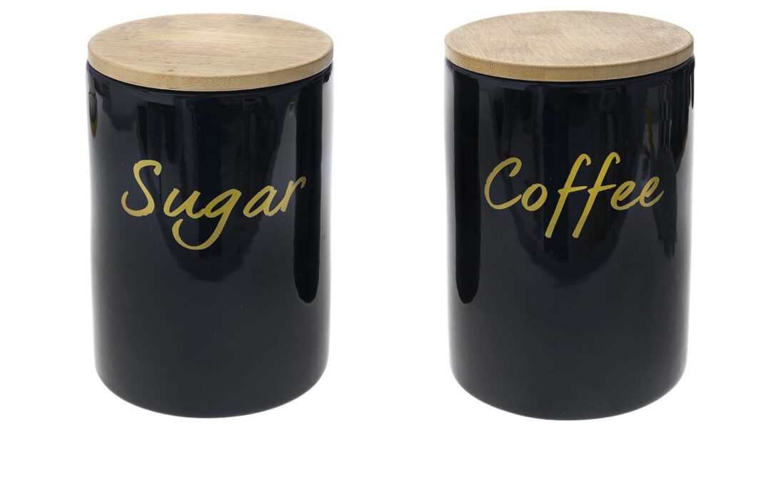 S/2 Βάζα ζάχαρης/καφέ 1100ml κεραμικό με καπάκι bamboo μαύρο/natural 12x12x17cm