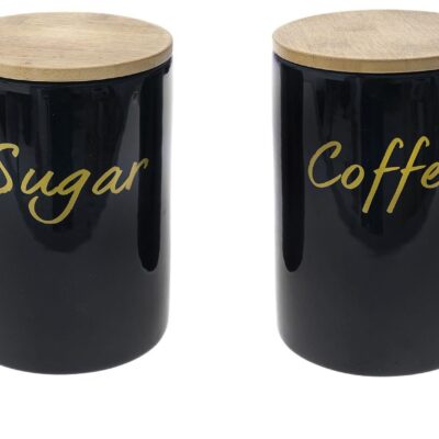 S/2 Βάζα ζάχαρης/καφέ 1100ml κεραμικό με καπάκι bamboo μαύρο/natural 12x12x17cm
