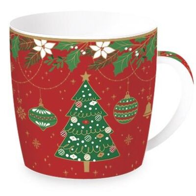 Κούπα 350ml Jingle Bells δέντρο με στολίδια πορσελάνινη κόκκινη/πολύχρωμη σε μεταλλικό κουτί Easy Life 119JING